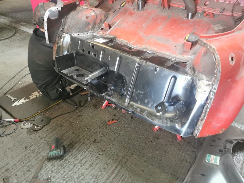 A new welded panel in the fornt of the Fiat 500 being restored by Fostering Classics