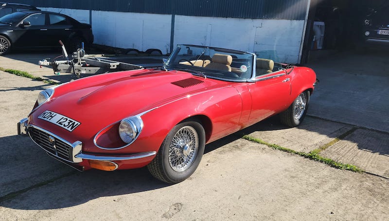 front side view on a sunny day - red jaguar e-type s3 - Fostering Classics