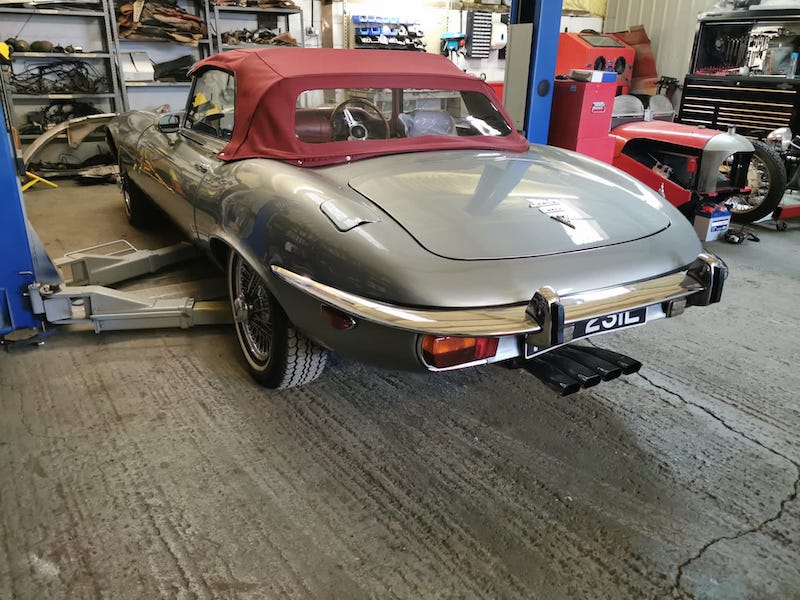 rear view completed - silver jaguar e-type s3 - Fostering Classics
