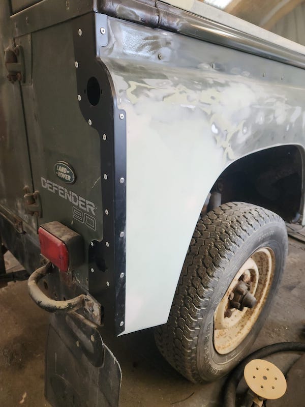 Land Rover Defender 90 - rear wing repair - Fostering Classics